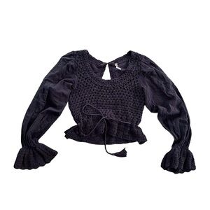 Free People Women Black Puff Sleeve Cotton Crochet Crop Open Back Top Size XS
